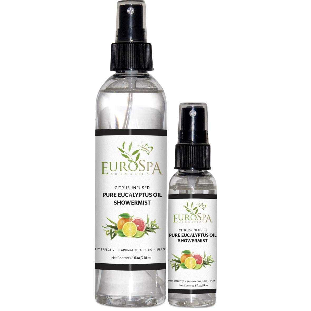 EuroSpa Aromatics Pure Eucalyptus Oil ShowerMist and Steam Room Spray, All-Natural Premium Aromatherapy Essential Oils - Citrus Infused, Duo Pack, 8oz and 2oz