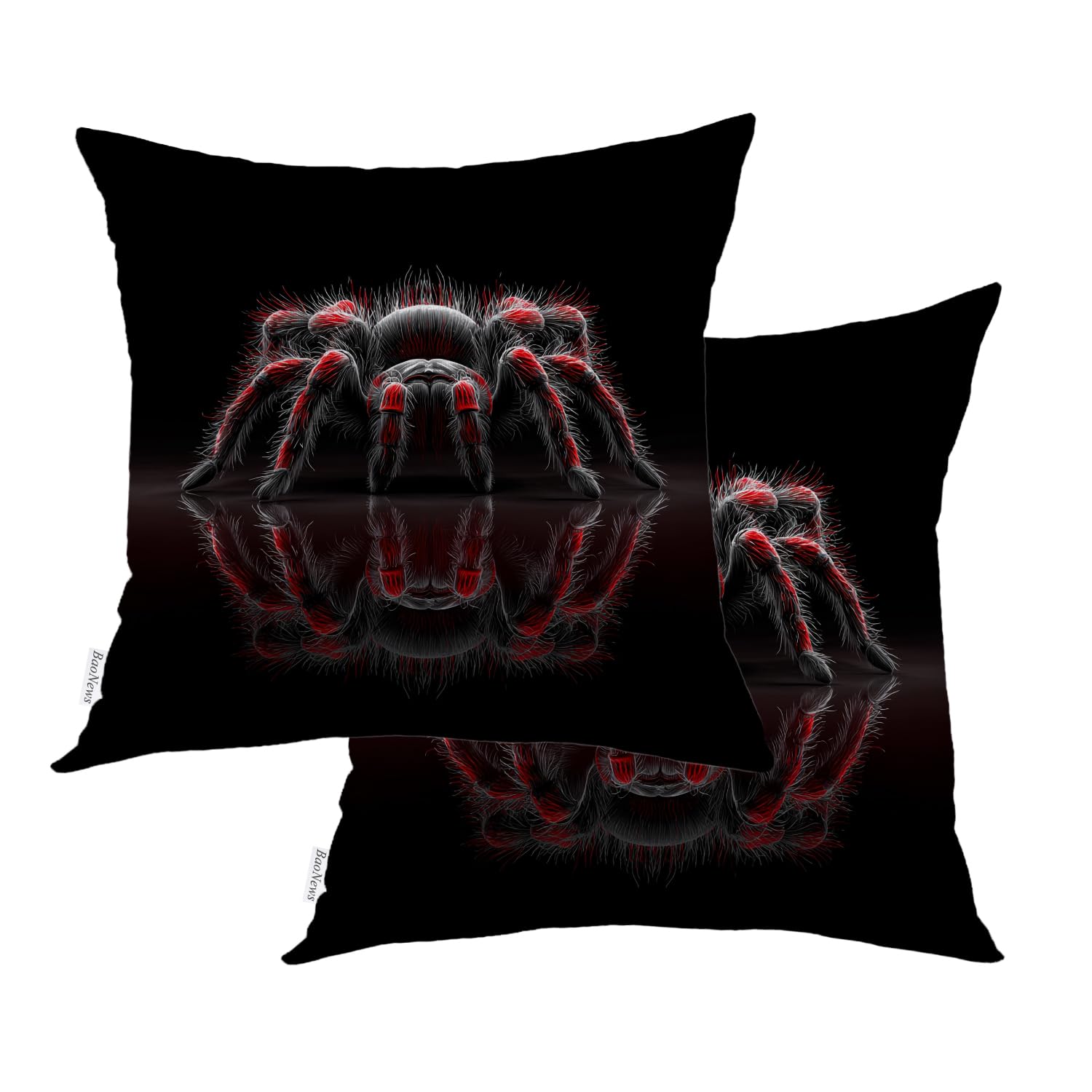 Tarantula Macro View Outdoor Throw Pillow Covers, Big Red Black Tarantula On Mirror Cushion Cover Digital Water Resistant Linen Blend Hidden Zipperl Indoor Pillows Square 18X18 IN 2 Pcs