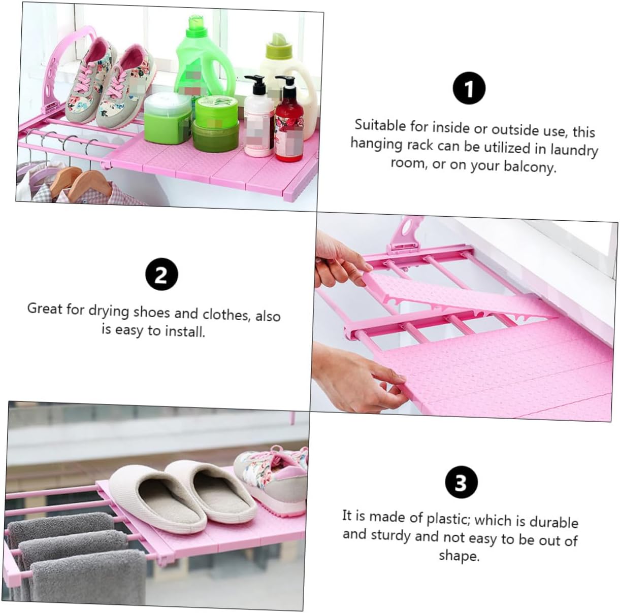 STOBAZA Foldable Clothes Drying Rack Hanger for Balcony and Window 38-55cm Adjustable Pink Laundry Drying Hanger with Shoe Holder for Home Use