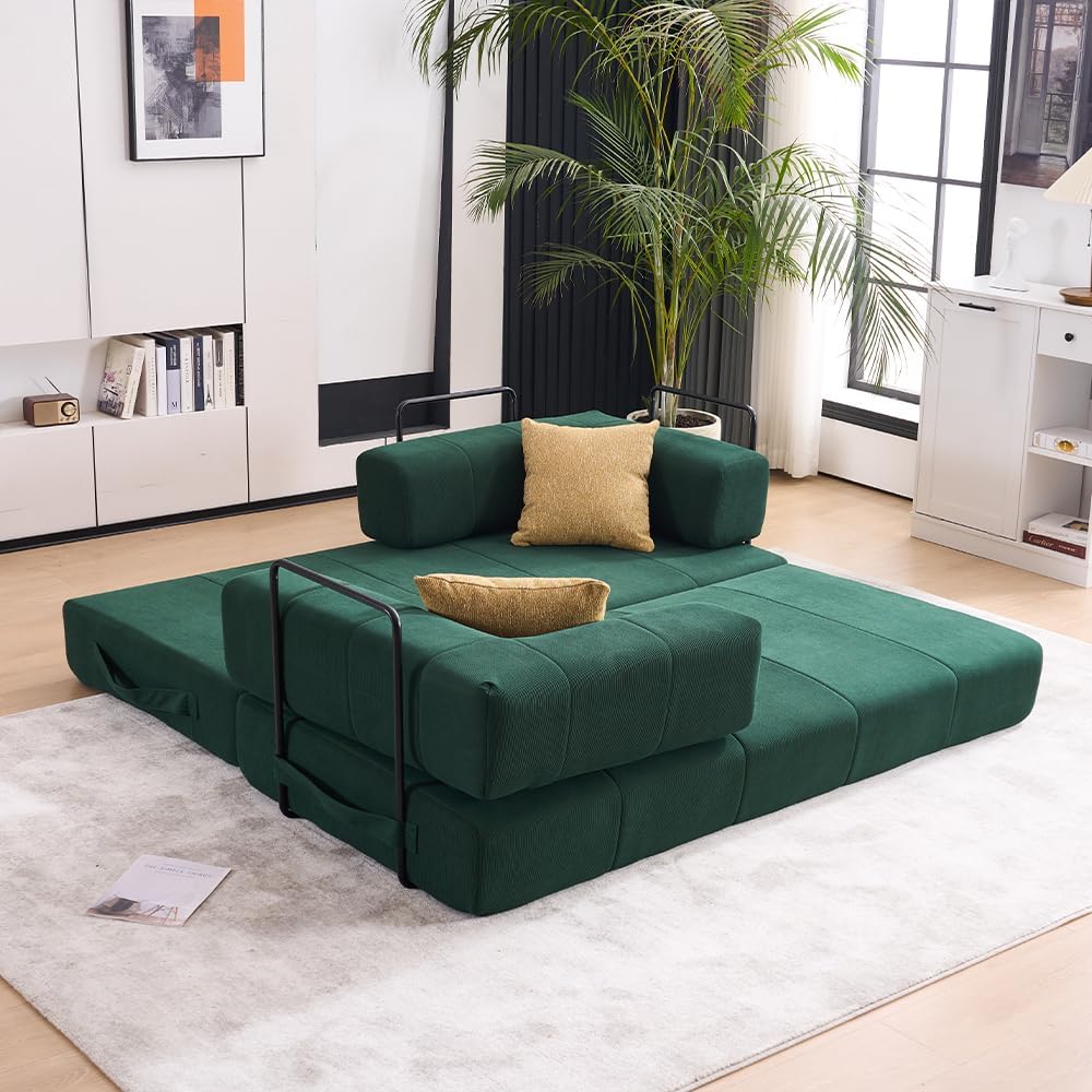 2-in-1 Multi Functional Couch,78.5" Corduroy 3 Seat Straight-Row Sofa with 2 Pillows,Modern Minimalist Style Folding Sofa Bed for Apartment,Living Room,Office,Reception Area,Green