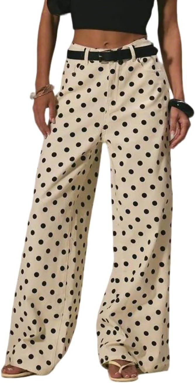 CHARTOU Women Polka Dot Wide Leg Denim Pants Color Contrast High Waist Baggy Boyfriend Jeans with Pockets