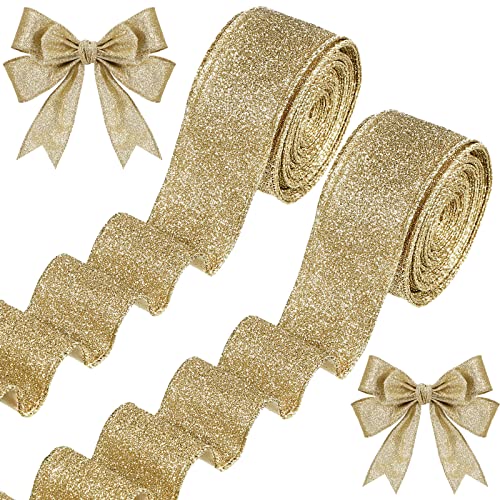 Juinte 2 Roll 20 Yards Christmas Ribbon Wired Glitter Thick Ribbon Metallic Wired Ribbon Gift Wrapping Christmas Tree Ribbon for DIY Crafts Xmas Party Wrapping Decorations (Champagne Gold, 1.5 Inch)
