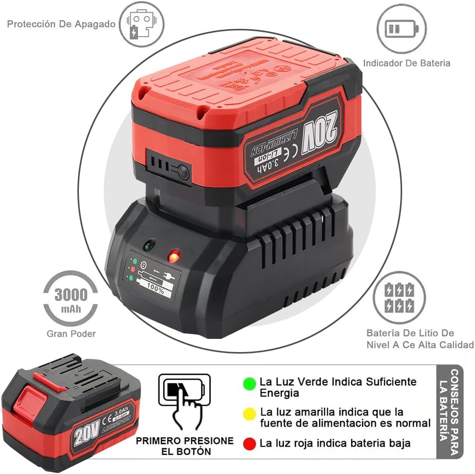 TEENO 21V 3.0Ah Lithium-ion battery being charged, showing battery indicator lights and a 3000mAh capacity label.