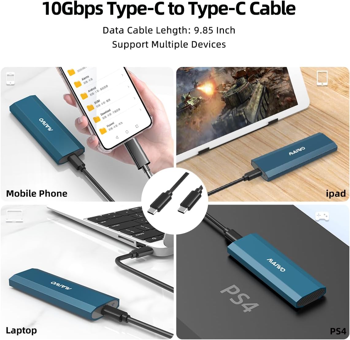 MAIWO M.2 SSD Enclosure connected to various devices