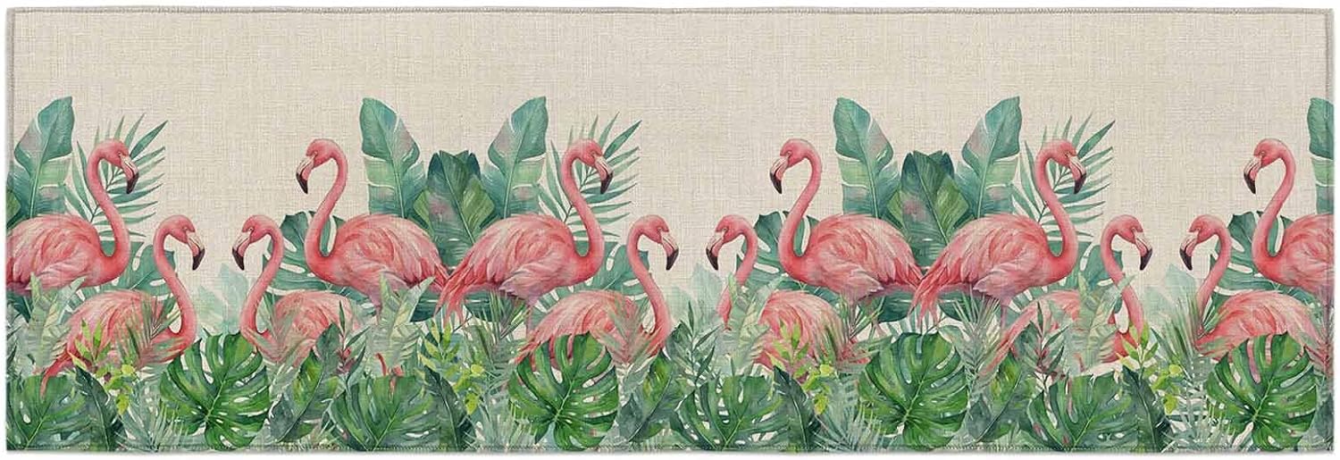 Kitchen Mats for Floor Tropical Monstera Flamingo on Linen Washable Non Slip Kitchen Rugs 1PCS, Watercolor Leaves Animal Absorbent Standing Mats for Sink Bathroom Office Living Room 23.6x70.9in
