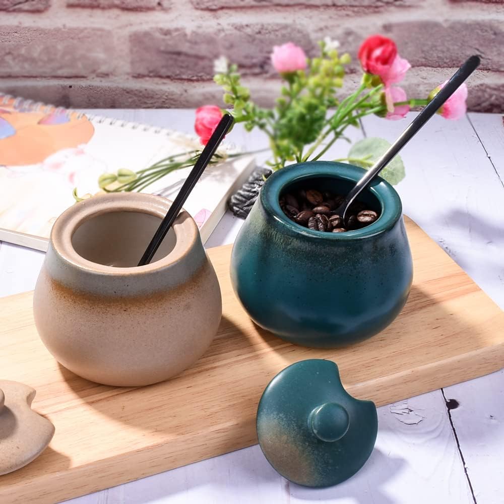 Ceramic Sugar Bowl with Lid and Spoon, 8.5 OZ Porcelain Green Spice Mug