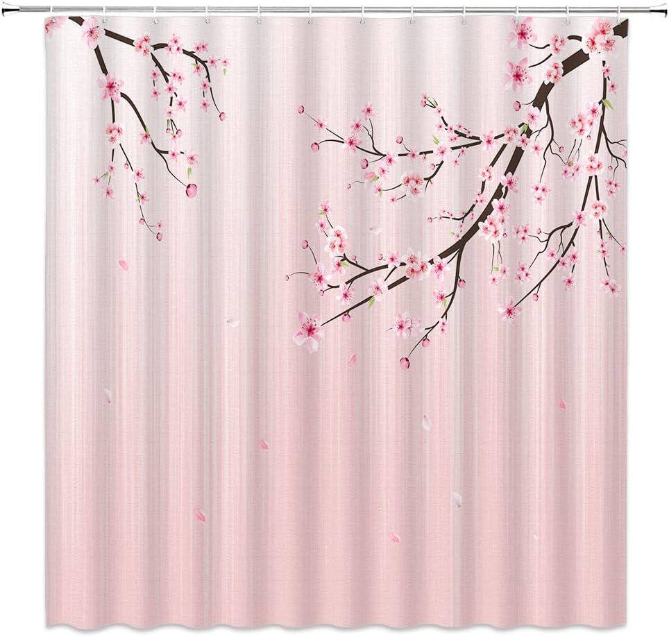 4pcs Cherry Blossom Shower Curtain Set with Rug Pink Floral Falling Petals Janpenese Asian Style Spring Flower Bathroom Set with Hooks(Bath Mat,U Shape and Toilet Lid Cover Mat)