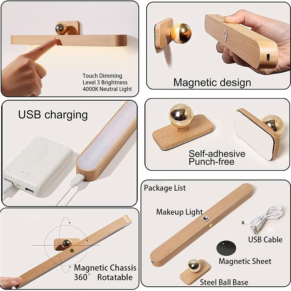 Lampe de miroir de salle bain LED rechargeable armoire USB éclairage maquillage sans fil en bois applique murale 5W dimmable avec interrupteur tactile éclairage garde-robe avec éclairage