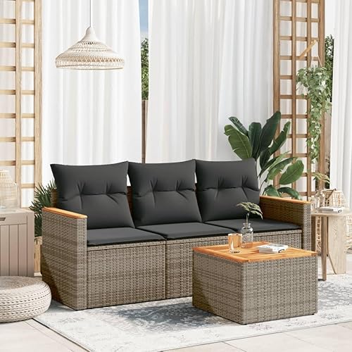 4-Piece Grey Synthetic Poly Rattan Garden Sofa Set with Acacia