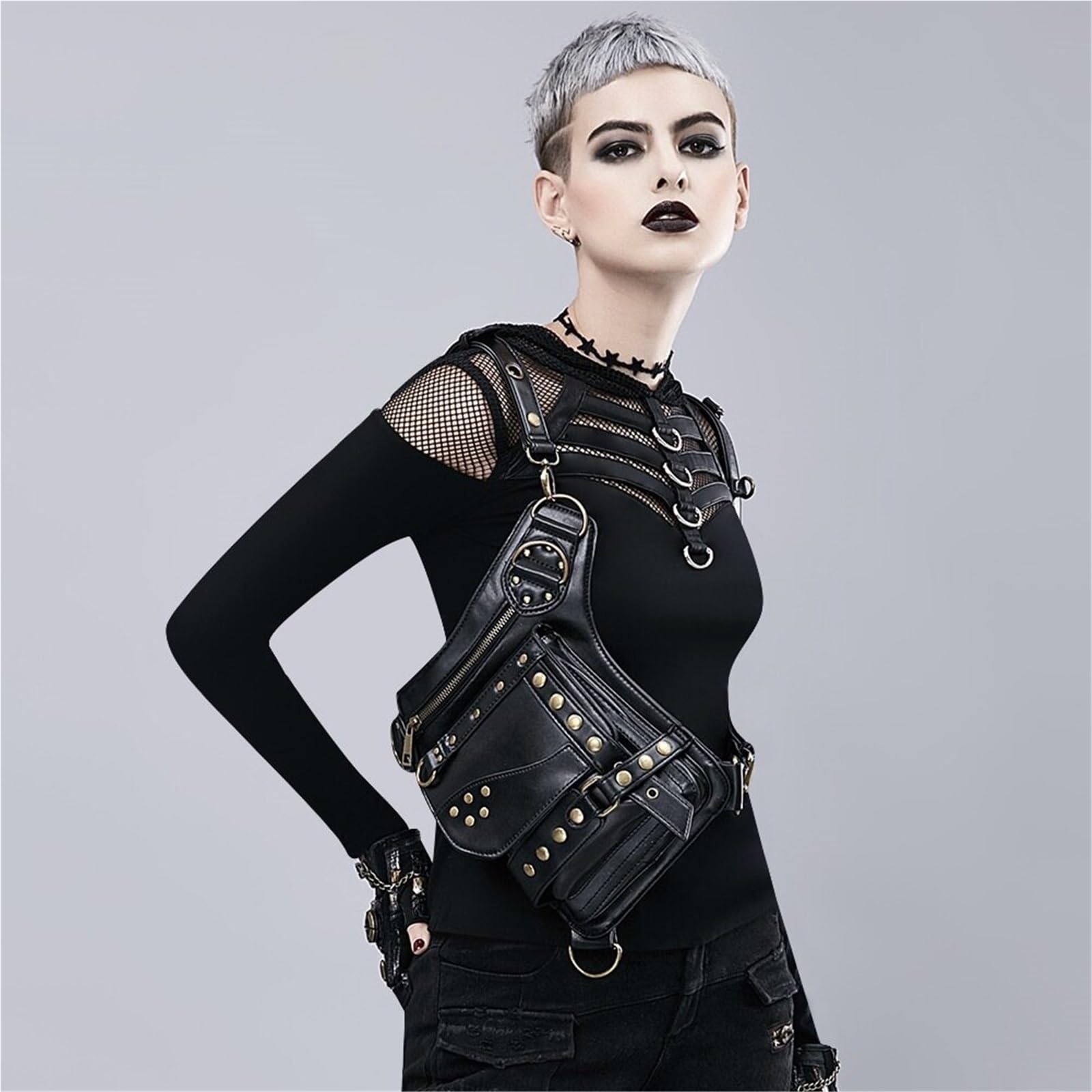 Steampunk Rivet Drop-Leg-Tasche aus PU-Leder, vielseitige Brust-/Taillen-/Oberschenkel-Umhängetasche mit verstellbarem Gurt for Festivals
