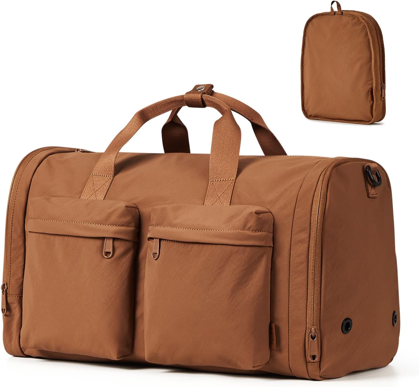Foldable Gym Bag for Women Men with Shoes Compartment, 3 in 1 Carry on Travel Duffel Bag with Trolley Sleeve, Lightweight&Water Resistant Duffel Bag for Travel, Sports, Fitness&Workout,Warm Brown