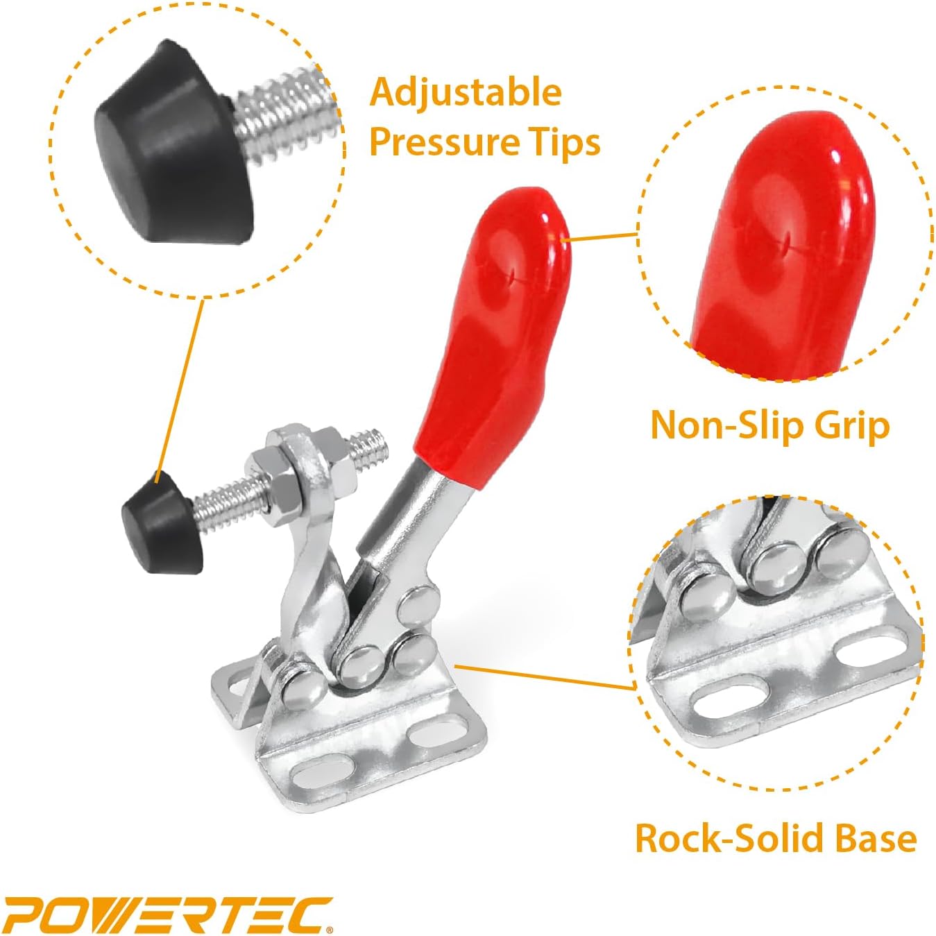 POWERTEC 4PK Toggle Clamp, 60 lbs Holding Capacity, 201A Quick Release Horizontal Clamps w/Antislip Rubber Pressure Tip for Woodworking Jigs and Fixtures, Welding, Drill Press, Crosscut Sled (20329)