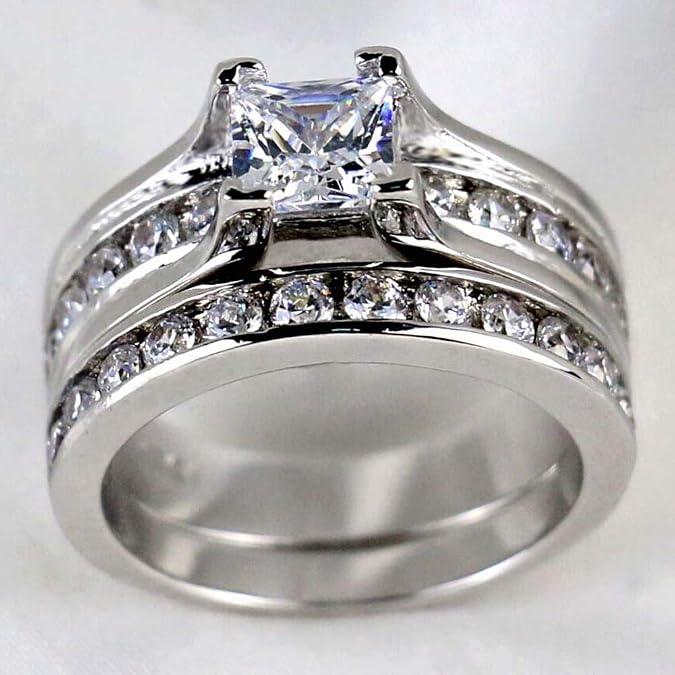 Couple Ring Bridal Set His Hers Women White Gold Plated Cz Men Titanium Wedding Ring Band Set