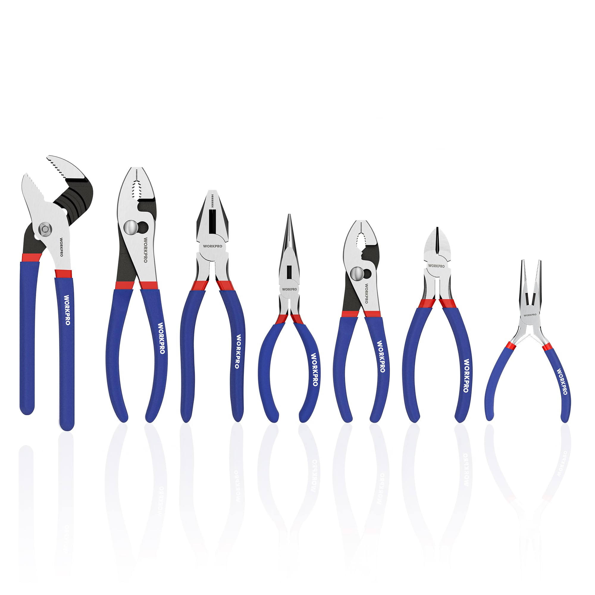 7-piece workpro pliers set with groove joint, long nose, slip joint, linesman, and diagonal pliers for diy & home use