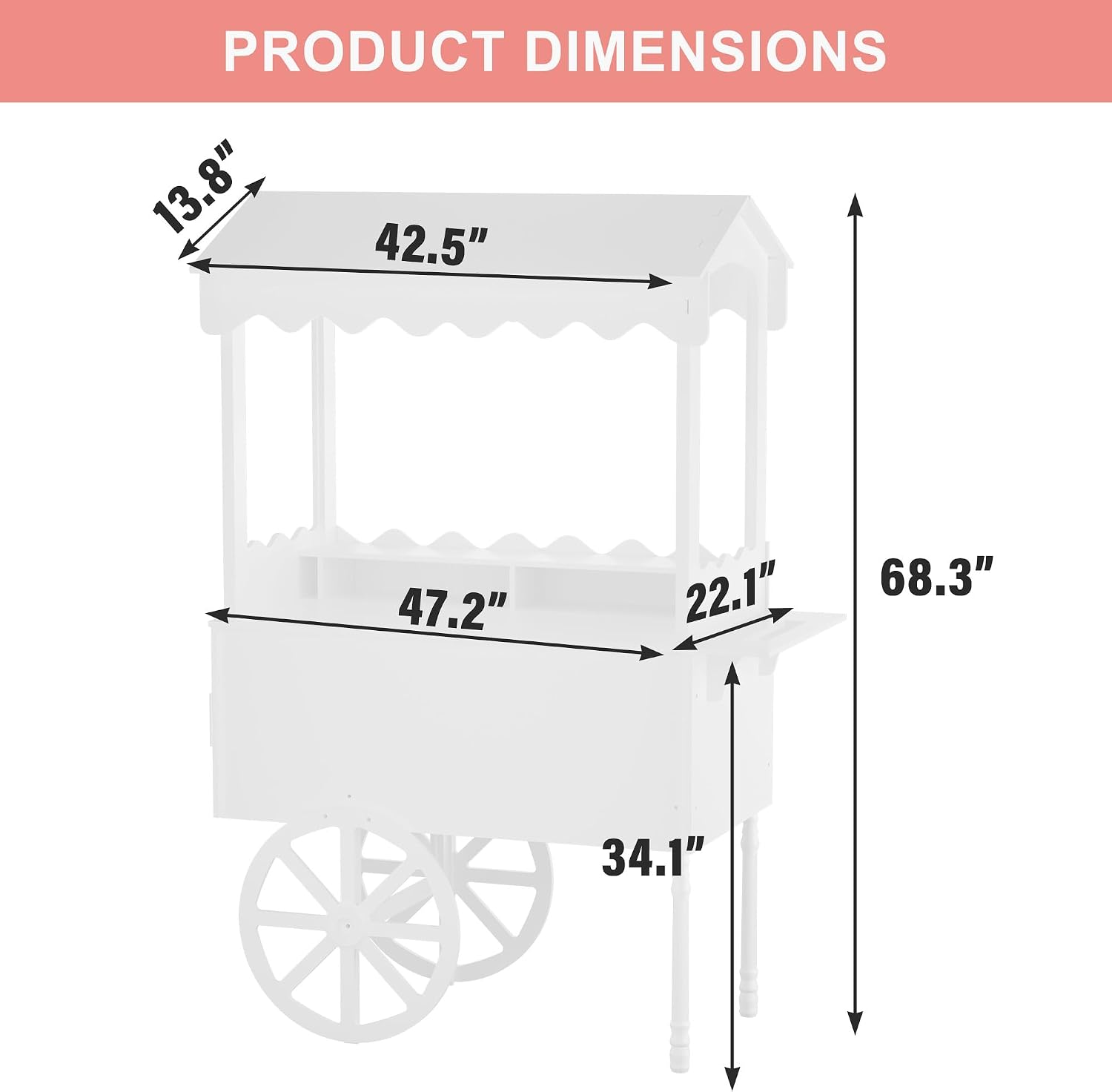 Candy Cart Display Stand for Parties, Cake Stand with Bottom Storage Cabinet & DIY Color Letter Stickers - Vintage Dessert Decoration Cart for Weddings, Birthdays, Baby Shower, Street Food & Events