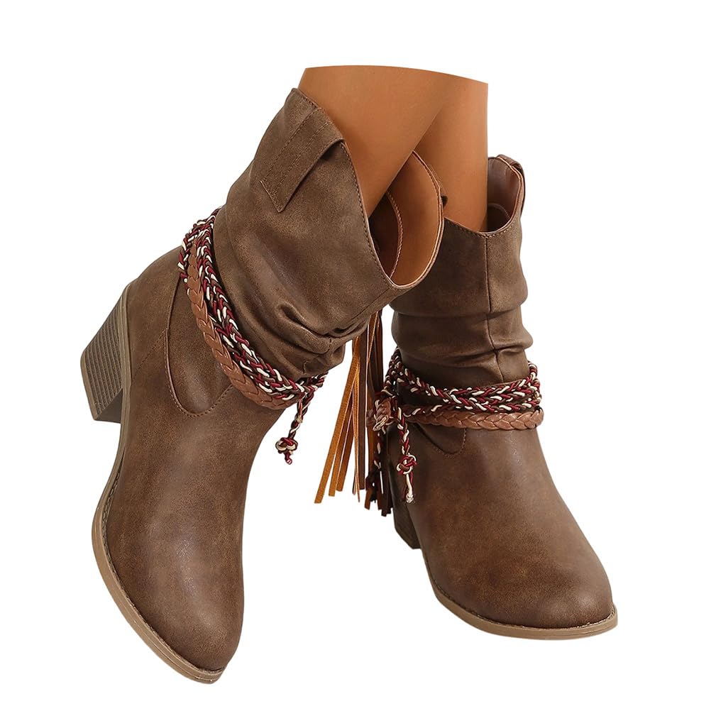 Bottes Femmes de Cowboy Motard Suède Vintage Loisir Bottines Bloc Talon