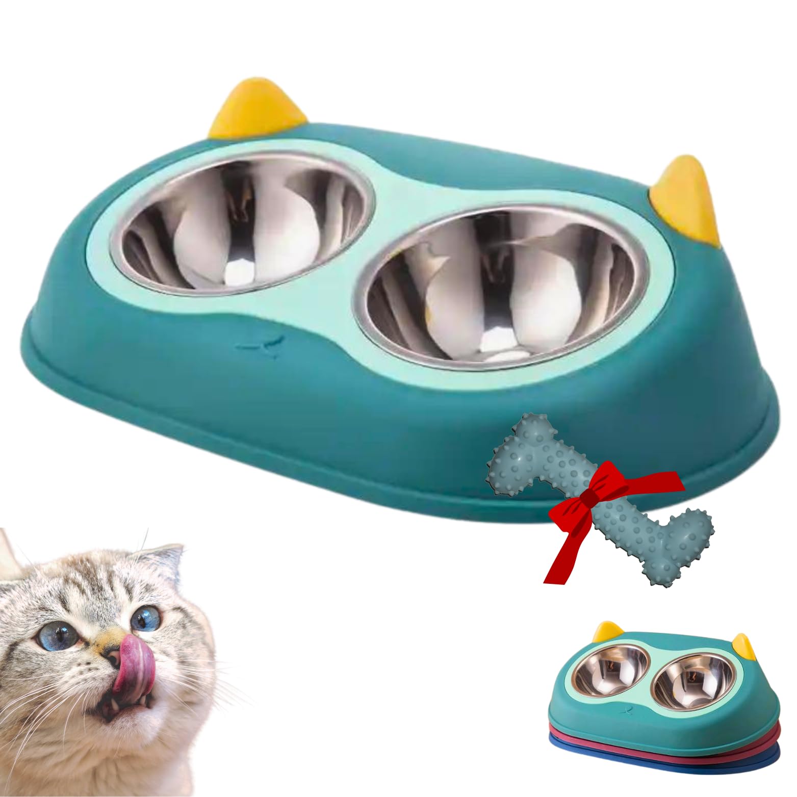 Comedero Gato Elevado 15º inclinación - Comedero Perro pequeño y Mediano con Base Antideslizante - Cuencos para Perros - Comedero y Bebedero Gatos - Tazón Doble Comida y Agua Mascotas (Verde)