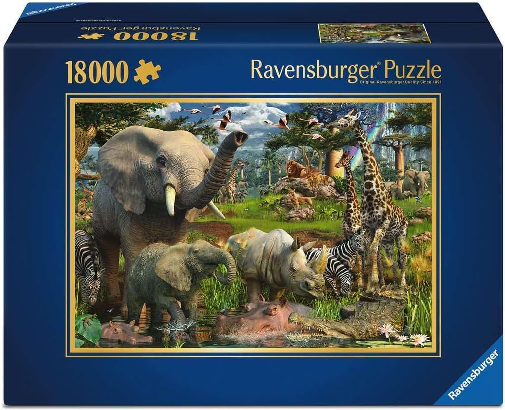 Ravensburger - at The Waterhole - Spectacular 18000 Piece Jigsaw Puzzle - Stunning African Plains Oasis with Elephants, Lions, and Flora - Premium Quality - Puzzles for Adults