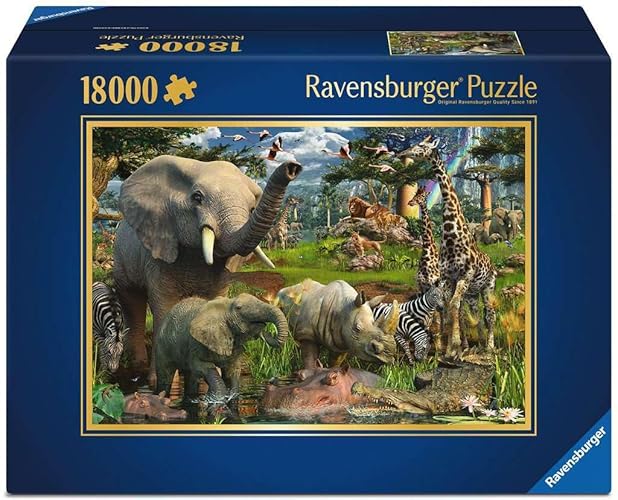 Ravensburger - at The Waterhole - Spectacular 18000 Piece Jigsaw Puzzle - Stunning African Plains Oasis with Elephants, Lions, and Flora - Premium Quality - Puzzles for Adults