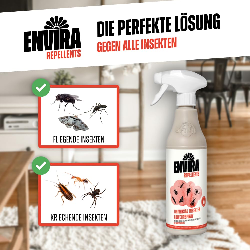 Envira Universal Insekten Abwehrspray 4 x 5 Liter + 2L Sprüher - Spray mit Langzeitwirkung gegen Trauermücken, Silberfische, Lebensmittelmotten & weiteres Ungeziefer - Mittel gegen Insekten