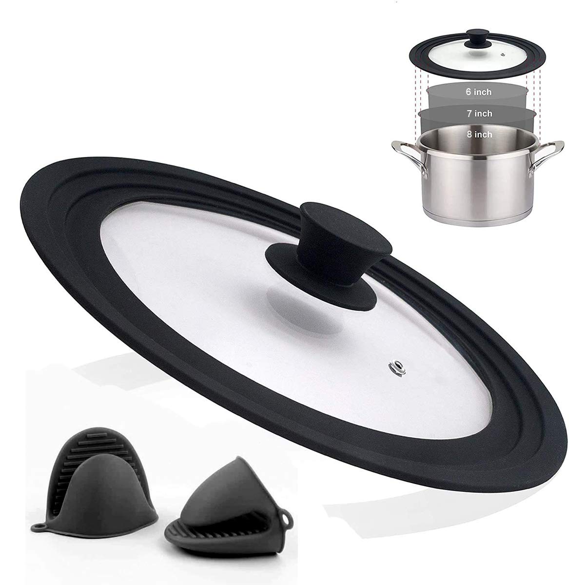 Universal Lid for Pots, Universal Pan Lid for Skillets - Tempered Glass with Heat Resistant Silicone - Small Fits 6/7/8 Inch Cookware with 2 Silicone Anti-scalding Hand Clips (Black)