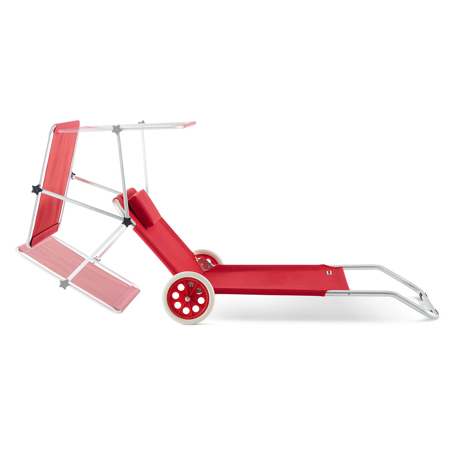 Casaria Chaise Longue de Plage Crête Rouge transat Pliable Chariot de Transport avec Pare Soleil réglable Camping Voyage