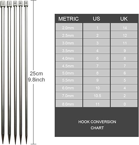 Miniatura 2 de KOKNIT Juego de 11 pares de agujas de tejer, 10 pulgadas de longitud de acero inoxidable de una sola punta, kit de agujas de suéter en diferentes