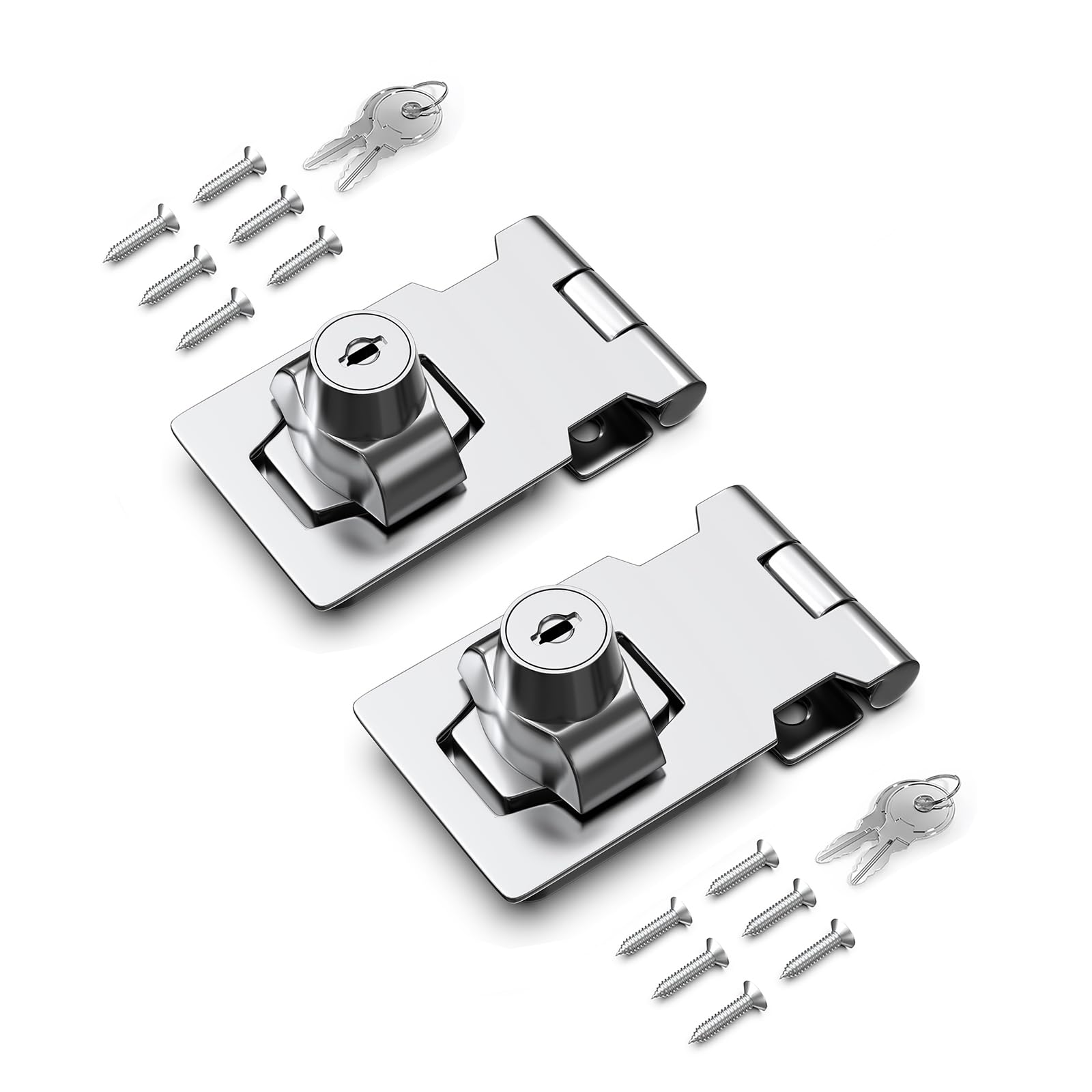 2.5 Inch Keyed Hasp Lock for Cabinets &amp; Small Doors, Twist Knob Design, Heavy Duty Zinc Alloy with Chrome-Plated Iron, Includes Keys &amp; Screws - Silver, 2 Pack
