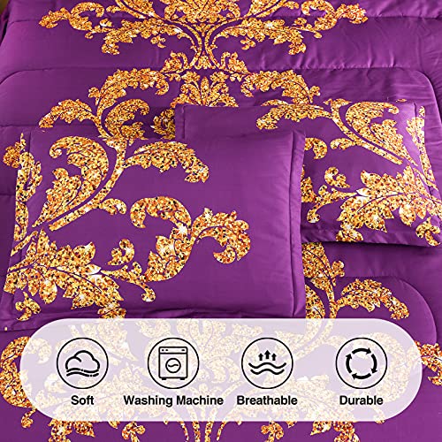A Nice Night Paisley Yellow Flower Microfiber Comforter Set, Modern Luxury Design Hotel Style All Season Comforter Set with Pillow Cases(Purple, Queen)