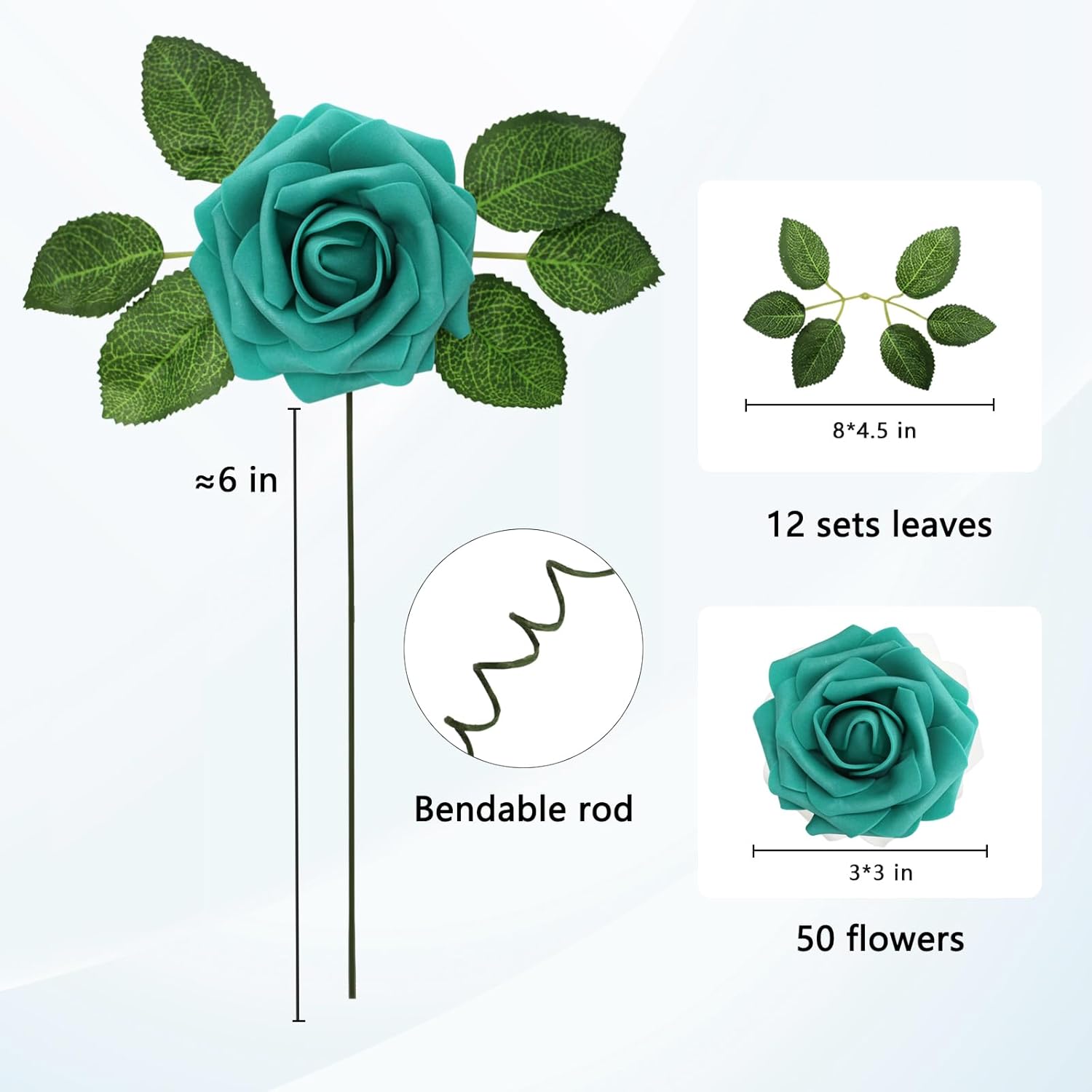 JOYLEX Artificial Flowers Realistic Roses, 50pcs Real Looking Fake Roses with Stem for DIY Wedding Bouquets Centerpieces Bridal Shower Party Home Romantic Decorations (50pcs, Dark Turquoise) - Image 2