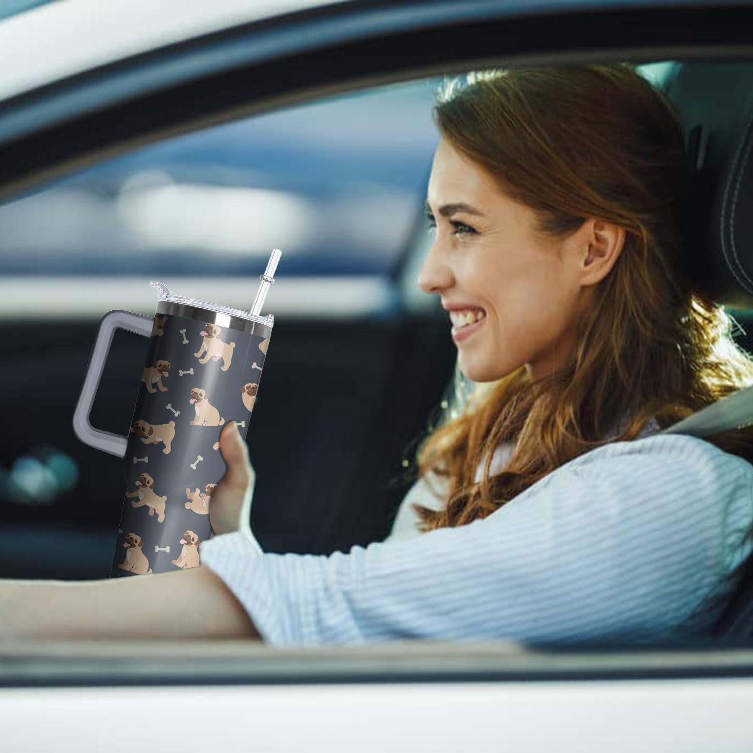 Pug Coffee Tumbler with Handle and Straw, 40 oz Dog Stainless Steel Insulated Cup with Lid and Straw,Travel Coffee Mug Water Bottle, Birthday Christmas Mothers Day Gifts for Animal Lovers Women - Image 6