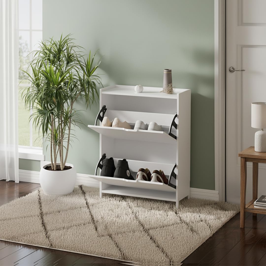 Bellamio Ceyhan Schuhschrank mit 2 Klappen – Schuhkipper weiß aus Holz – Schuhregal schmal 50x19x90cm – platzsparender Flurschrank mit 2 geschlossenen Fächern – Schuhkommode für Flur/Garderobe