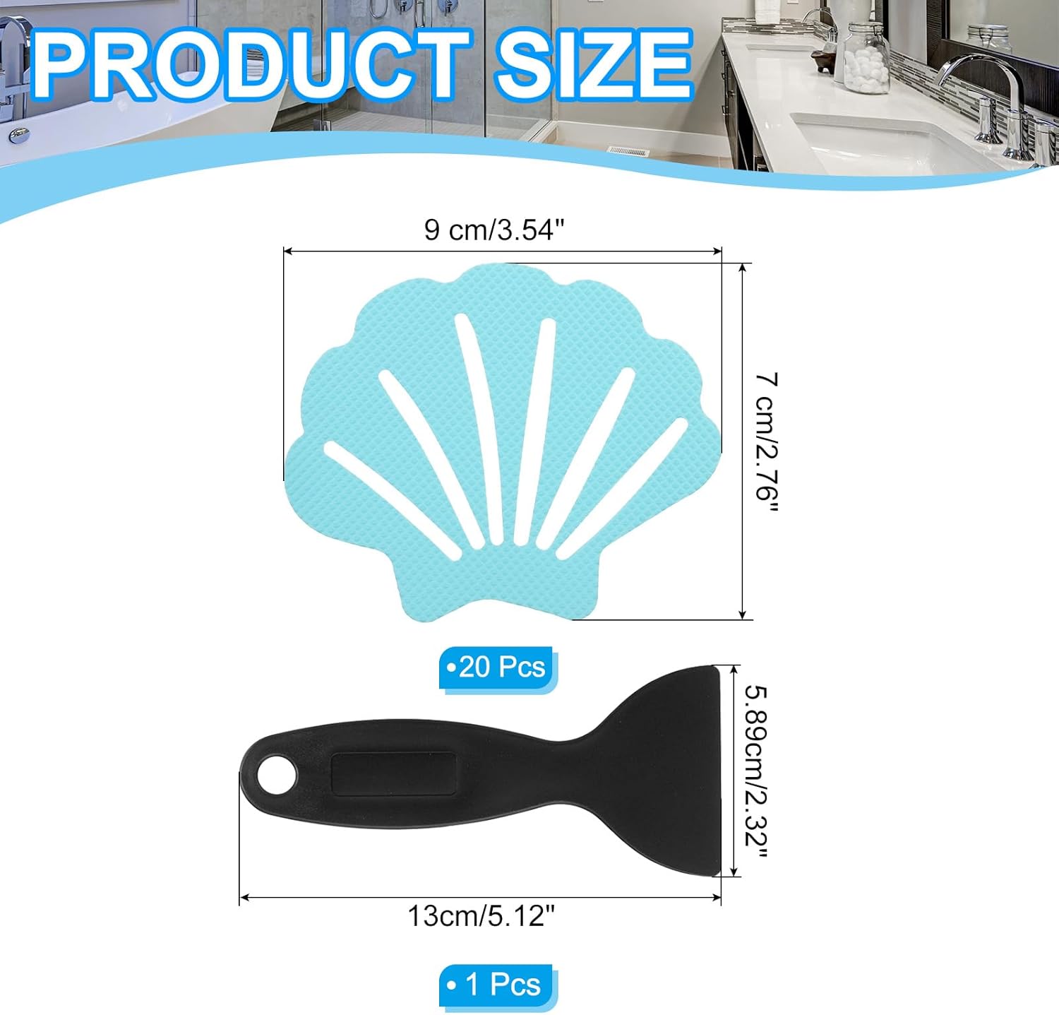 PATIKIL Bathtub Non Slip Stickers 3.54x2.76 Inch, 20 Pack Shell Safety Shower Floor Anti Slip Stickers with Adhesive Decals Scraper for Bath Tub Shower Floor Stair, Blue