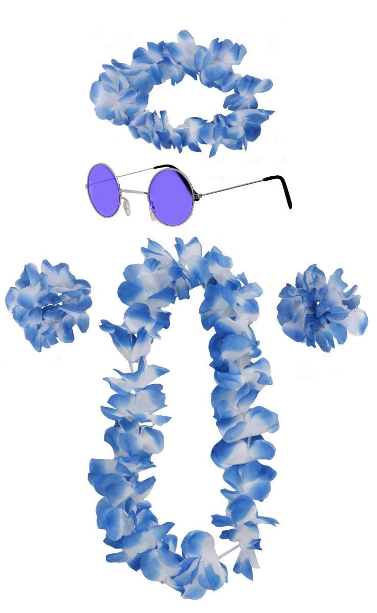 ILOVEFANCYDRESS 5 PIECE HAWAIIAN LEI WITH MATCHING SUNGLASSES COLOUR SET - BLUE HAWAIIAN LEI, HEADBAND, BRACELETS AND BLUE LENS ROUND SUNGLASSES