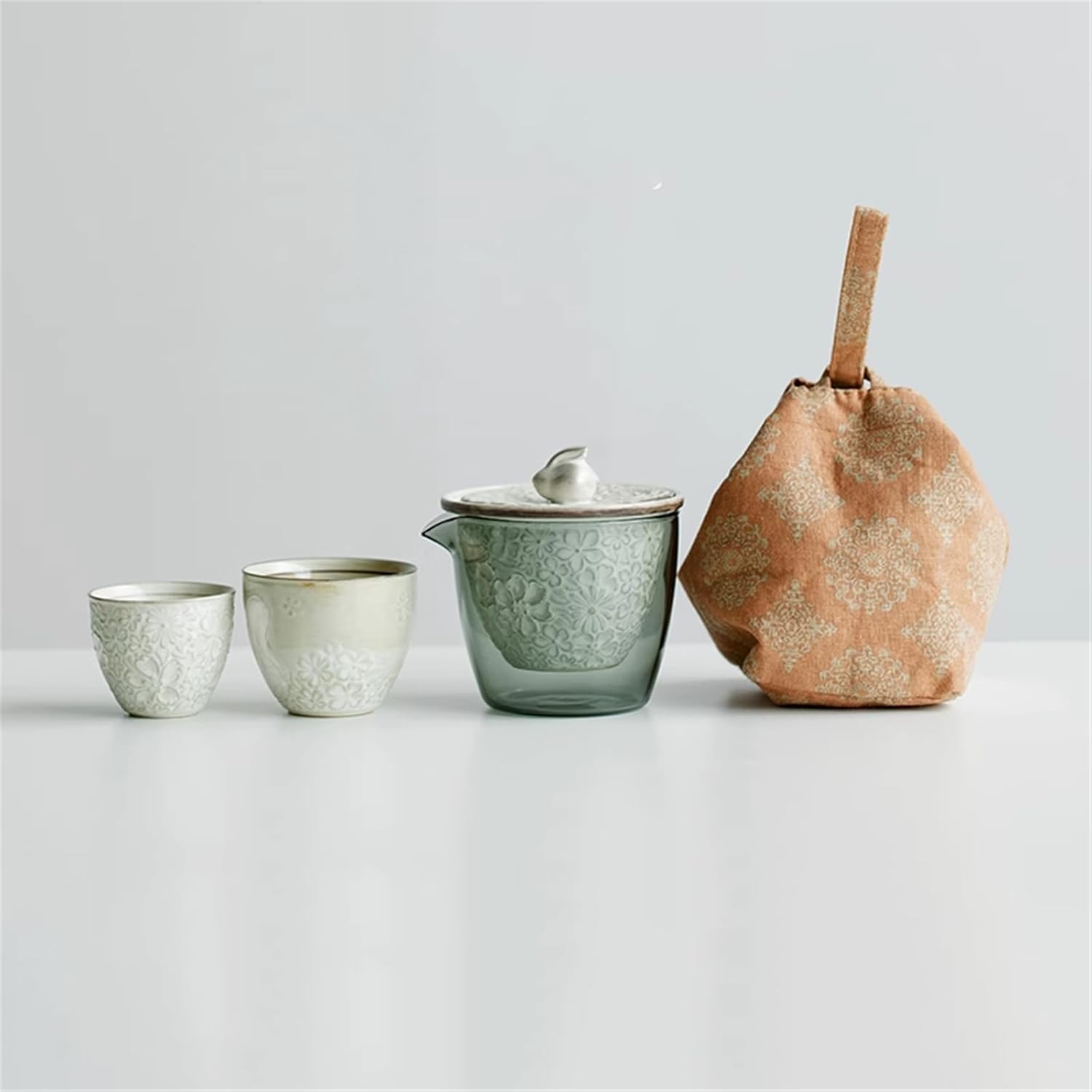 Travel Tea Set, Hand-Painted Silver Relief 1 Teapot 2 Cups-set1