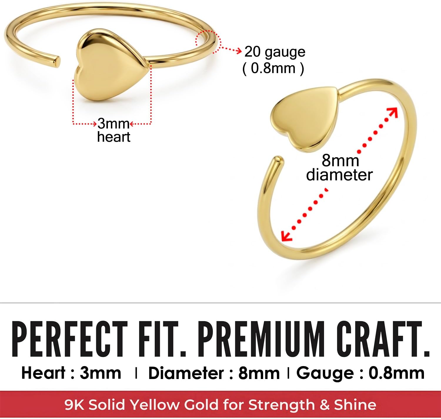 9K Solid Yellow Gold 3mm Heart 20 Gauge Open Hoop Nose Ring - Cartilage - Daith - Rook - Lobe - Conch Piercing Body Jewelry