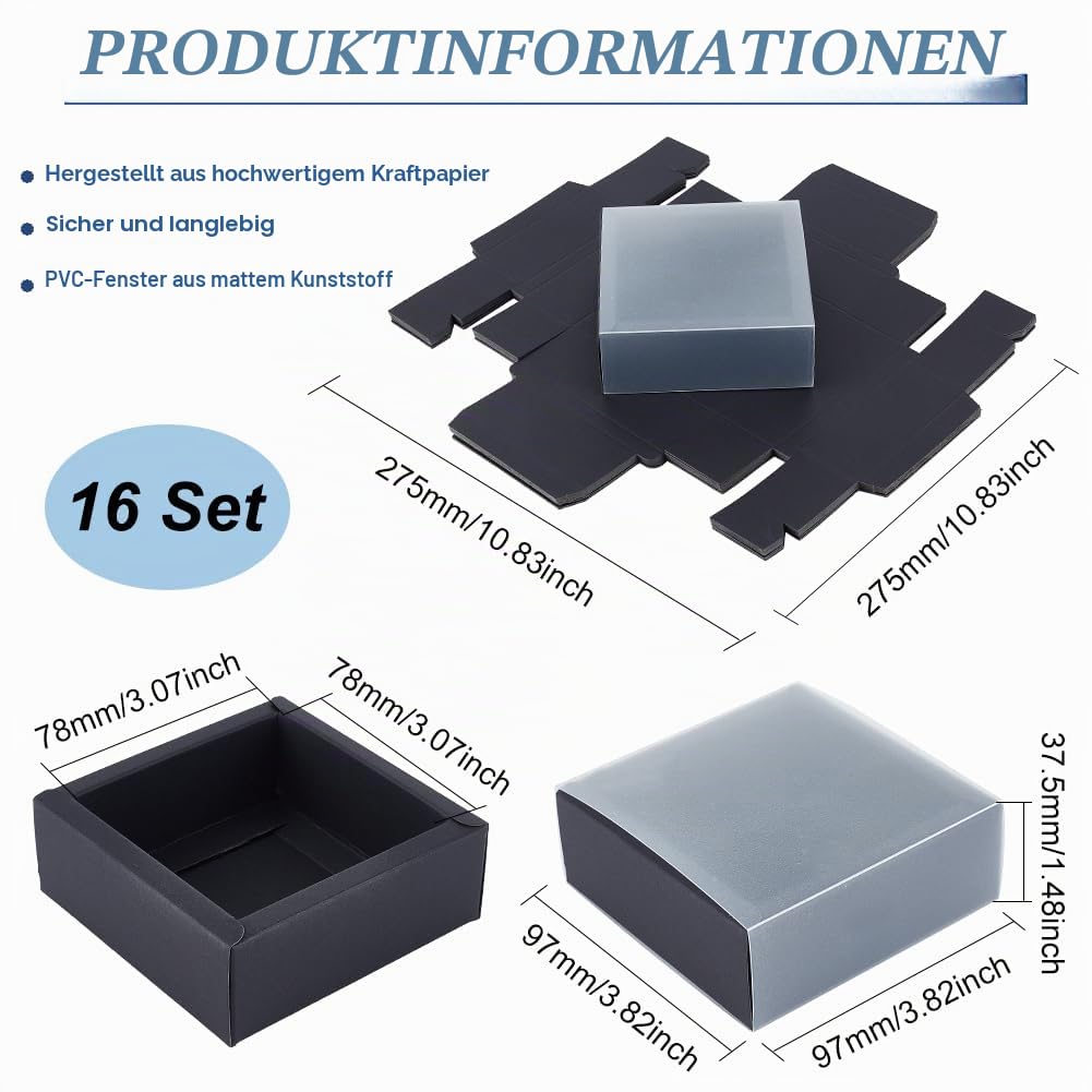 BENECREAT 16 Packungen Geschenkboxen Aus Kraftpapier, 9.7x9.7x3.75cm Rechteckige Schwarze Schubladenboxen Mit PVC-Fensterabdeckung Für Party, Schmuck, Geschenkverpackung