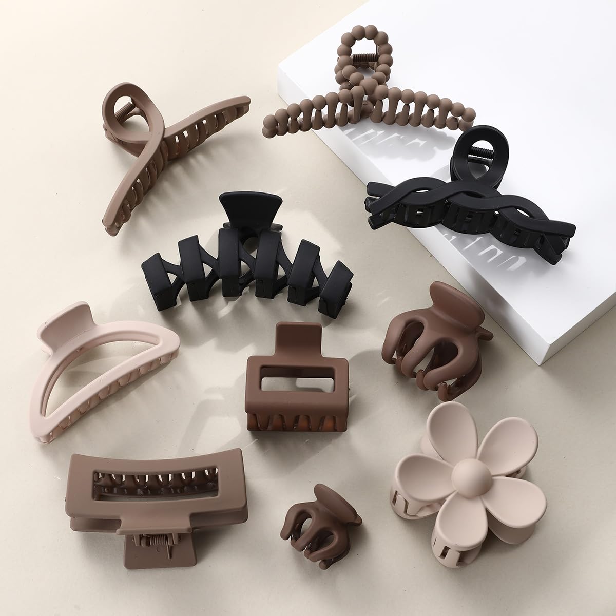 10PCS Hair Claw Clips for Women, Non-Slip Flower Hair Clips for Thick Hair, Neutral Color Hair Accessories, 9 Mixed Styles Large & Medium Claw Clips, Durable Variety Pack for Girls and Daily Use
