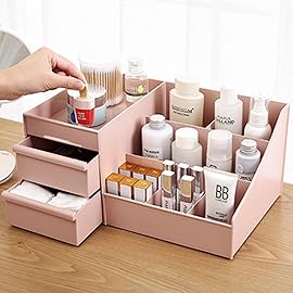 skin care organizer,Makeup Desk Organizer With Drawers,Countertop Organizer for Cosmetics,Vanity brush with Holder for Lipstick, Brushes, Eyeshadow, and Jewelry Desktop Finishing Dresser (Pink)