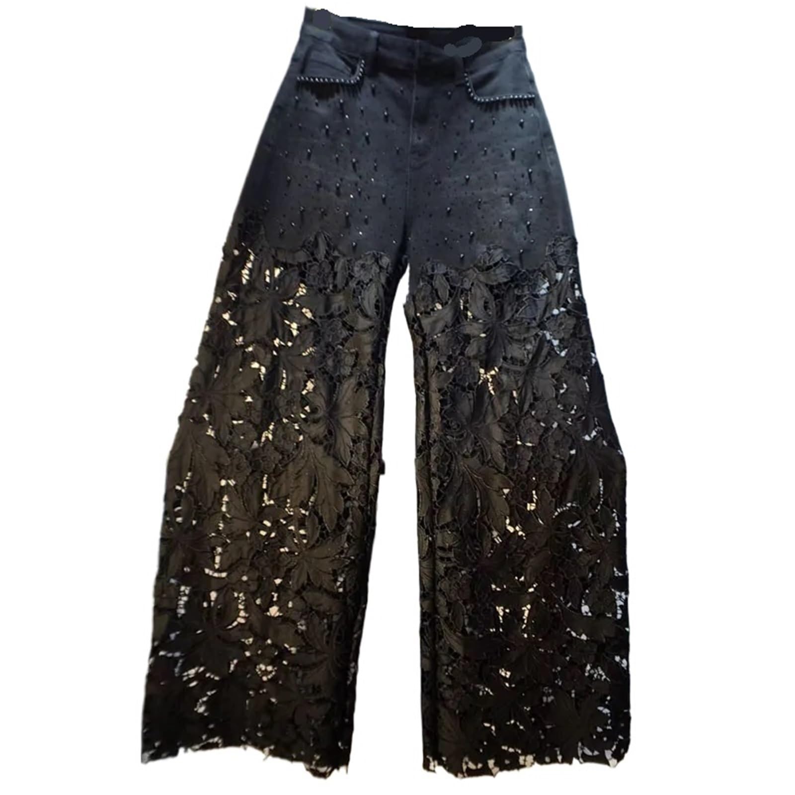 Vaqueros Anchos Mujer Pantalones Anchos de Pierna Recta con Encaje Hueco y Flores Retazos Mezclilla Bordado Diamantes imitación Verano, Pantalones Casuales Cintura Alta