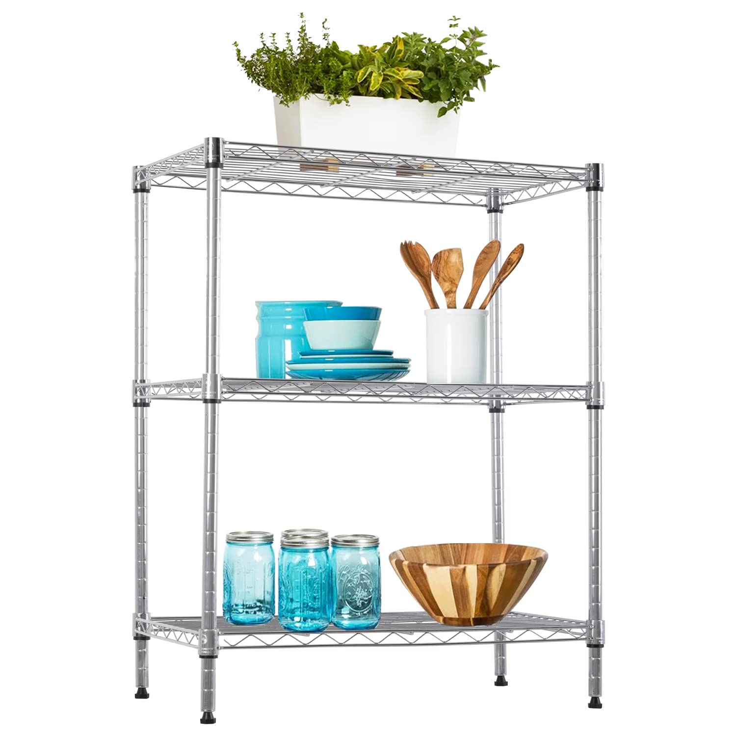 BestOffice 23Lx13.2Wx30.2H Adjustable Metal Storage Shelves 3-Tier Wire Shelving Unit Organizer Wire Rack 450Lbs Capacity for Small Places Kitchen Garage,Chrome