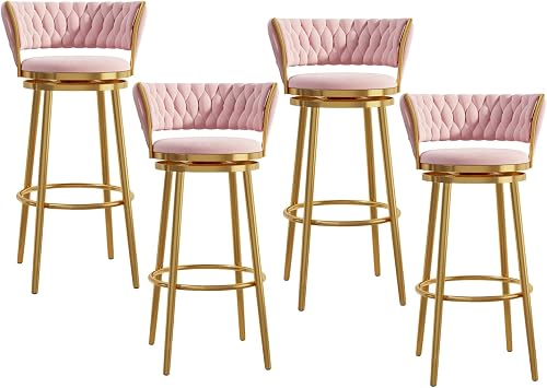 360° Swivel Bar Stools Set of 4, Velvet Gold Breakfast Dining Chair Height Bar Chairs with Metal Frame and Footrest for Breakfast Bar, Counter, Kitchen and Home, 29.5'',Pink