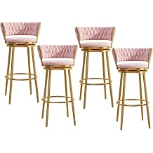 360  Swivel Bar Stools Set of 4, Velvet Gold Breakfast Dining Chair Height Bar Chairs with Metal Frame and Footrest for Breakfast Bar, Counter, Kitchen and Home, 29.5'',Pink