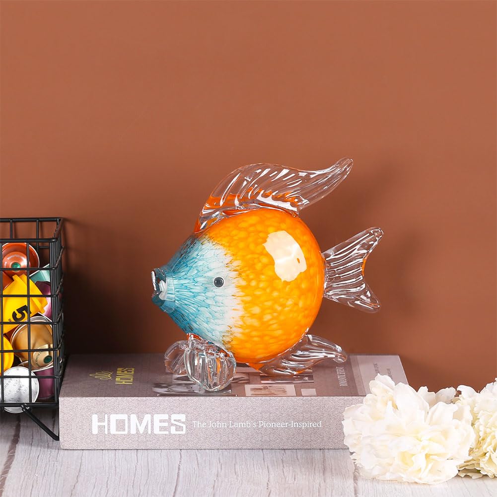 QIANLING Estatuas y escultura de peces de vidrio soplado a mano (A) (pez azul y naranja)