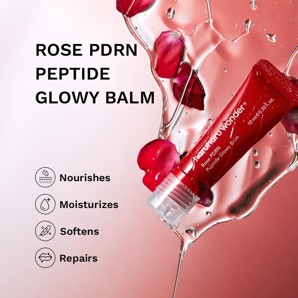 haruharu wonder Rose PDRN Peptide Glowy Balm, Instant Moisture, Repairs Dry Cracked Lips, 24h Moisture, No Waxy Finish, wegański, bez silikonu, bez mikroplastiku, bez tuszu, 10 ml