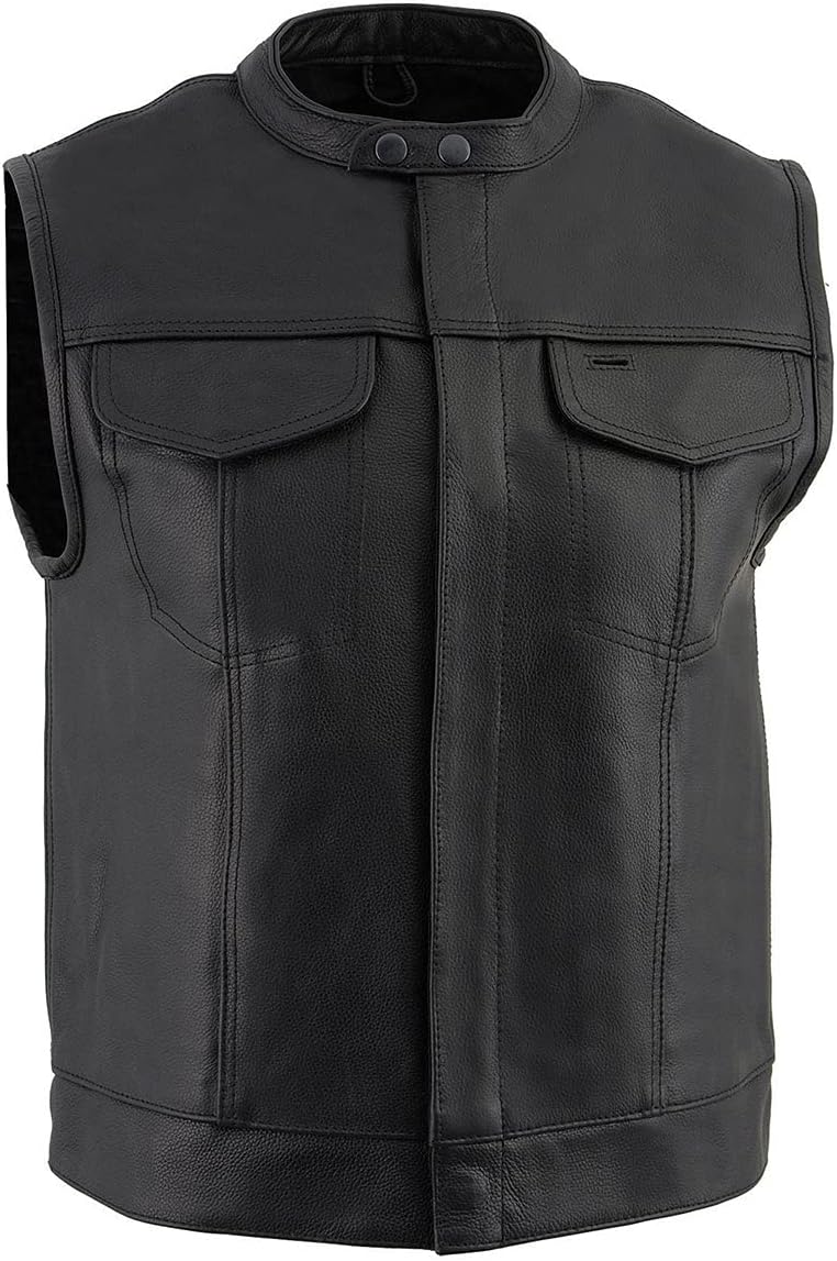 Milwaukee Leather LKM3720 Men's Black Leather Club Style Motorcycle Rider Vest with Concealed Snap Button Closure