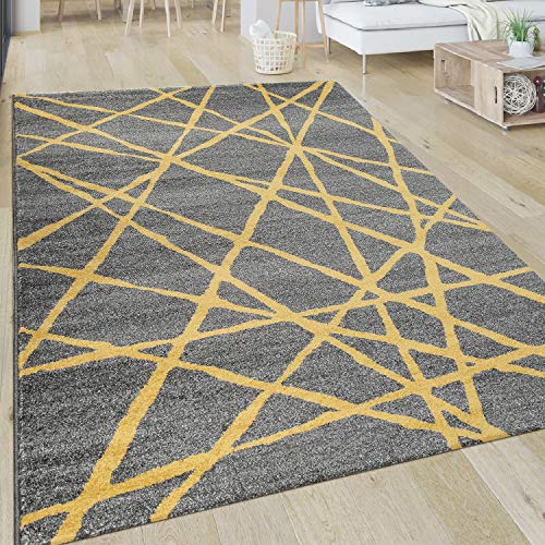 Alfombra Salón Motivo Rayas Moderna Pelo Corto Líneas Abstractas Amarillo Gris, tamaño:160x230 cm