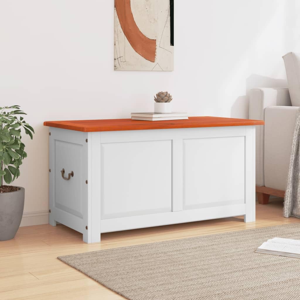 Baúl de almacenamiento con tapa de madera maciza de acacia marrón y blanco, 110 x 55 x 57 cm, para salón, pasillo, dormitorio, organización, espacio de almacenamiento