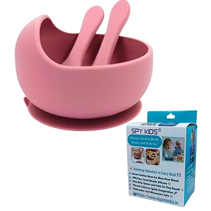SPY KIDS Silicone Baby Feeding Bowl Spoon & Fork Set - Non-Slip Suction, Microwave & Dishwasher Safe for Babies and Toddlers - Unbreakable, Easy Clean | Rose Pink