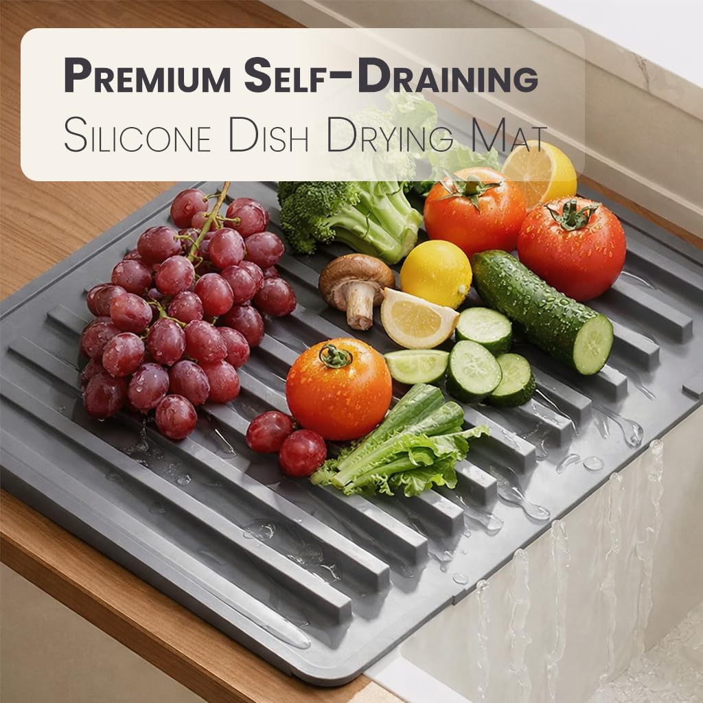 Mistifi Self-Draining Silicone Dish Drying Mat for Counter | Extra-thick, non-slip and heat-resistant mat with an over-sink drain design that keeps kitchen counters dry